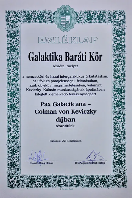 Pax Galacticana - Colman von Keviczky-díj a Galaktika Baráti Körnél