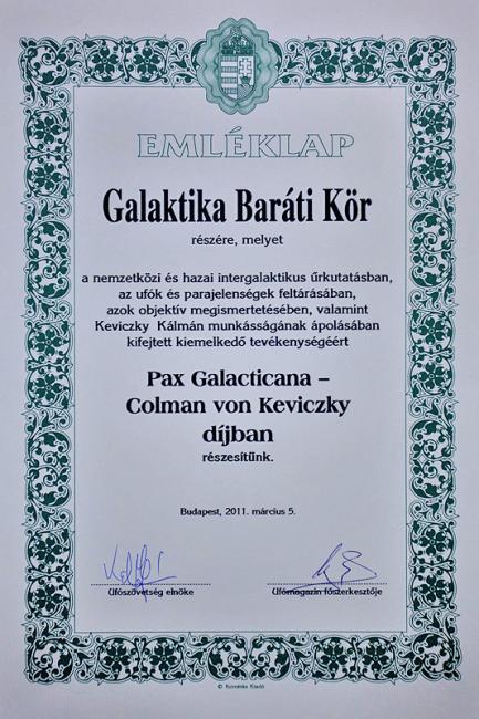 Pax Galacticana - Colman von Keviczky-díj a Galaktika Baráti Körnél